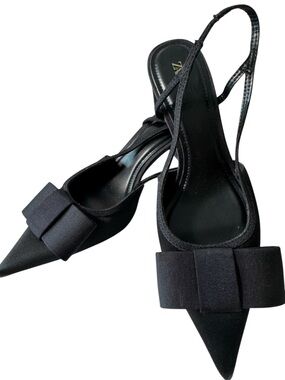 Zara Black Pointed Toe Slingback Heels with Grosgrain Bow